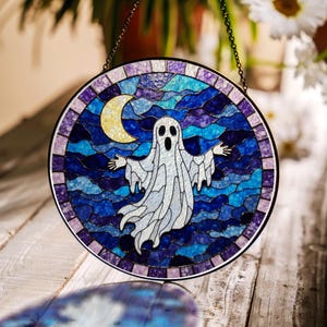Geest en maan glas-in-lood suncatcher spookachtig raamdecoratie cadeau voor halloweenliefhebbers