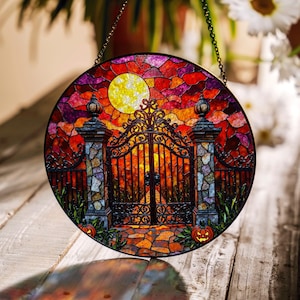 suncatcher gothic iron gate under full moon halloween gift decor for spooky home lovers