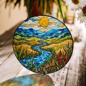 Vibrant Mountain River Landscape Suncatcher Colorful Stained Glass Art Gift for Nature Lovers