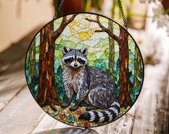 Raccoon Stained Glass Suncatcher Forest Decor Nature Gift for Animal Lovers