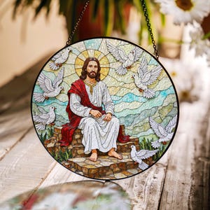Jesus with doves stained glass window decor religious suncatcher gift for spiritual mom