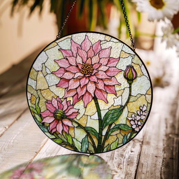 Pink Dahlia Stained Glass Floral Suncatcher Window Art Gift for Mom Nature Lover Decor