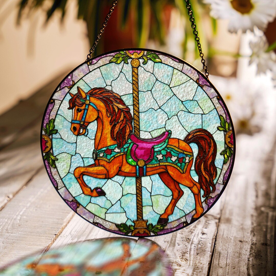 Carousel Horse With Vintage Saddle Stained Glass Suncatcher for Window ...