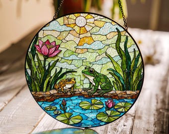 Frog Pond Stained Glass Suncatcher Nature Window Decor Gift for Frog Lovers