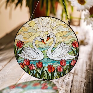 Two swans with red tulips stained glass suncatcher romantic window decor gift for couples