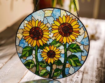 Sunflower Stained Glass Suncatcher Window Hanging Gift for Mom Grandma Friend