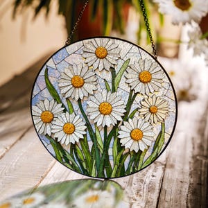 White daisy flower field stained glass suncatcher round window panel gift for garden lover mom