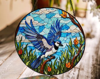 Blue Jay Flying Stained Glass Suncatcher Window Hanging Bird Gift