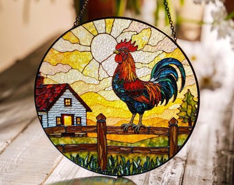 Suncatcher stained glass rooster farm sunrise gift for mom housewarming gift country decor