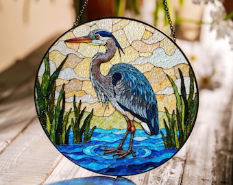 Blue Heron Lake Scene Round Suncatcher Stained Glass Window Decor Gift for Bird Lovers