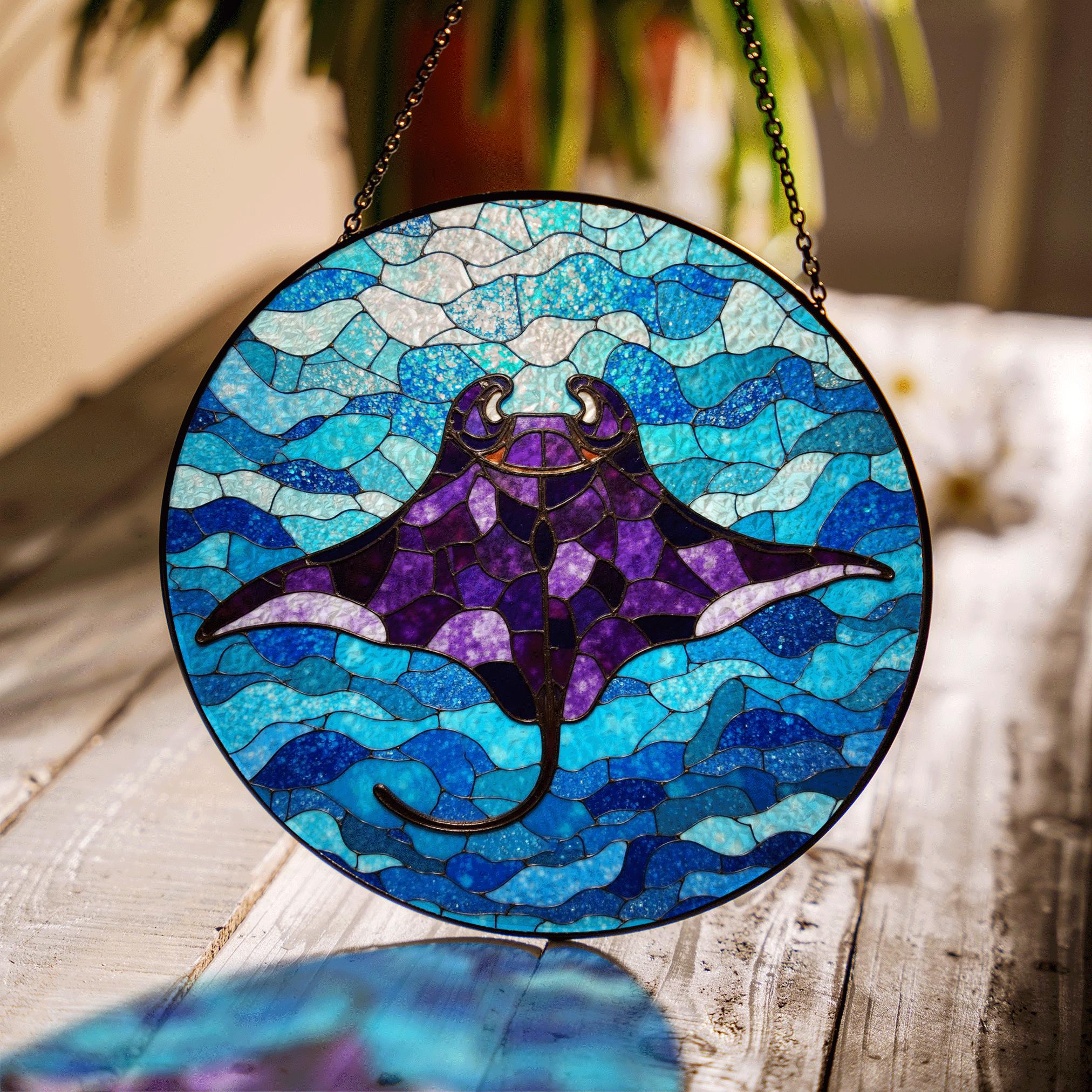Manta Ray Stained Glass Suncatcher Ocean Window Hanging Gift for Ocean Lovers