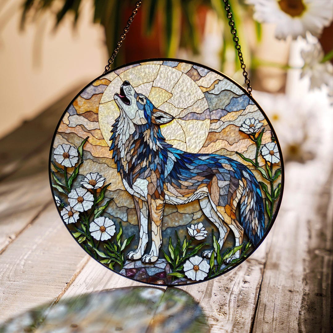 Window Howling Howling Wolf Stained Glass Suncatcher – Moonlight Forest Window Decor ...