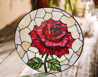 Red Rose Stained Glass Round Suncatcher Flower Window Art Gift for Mom or Garden Lover