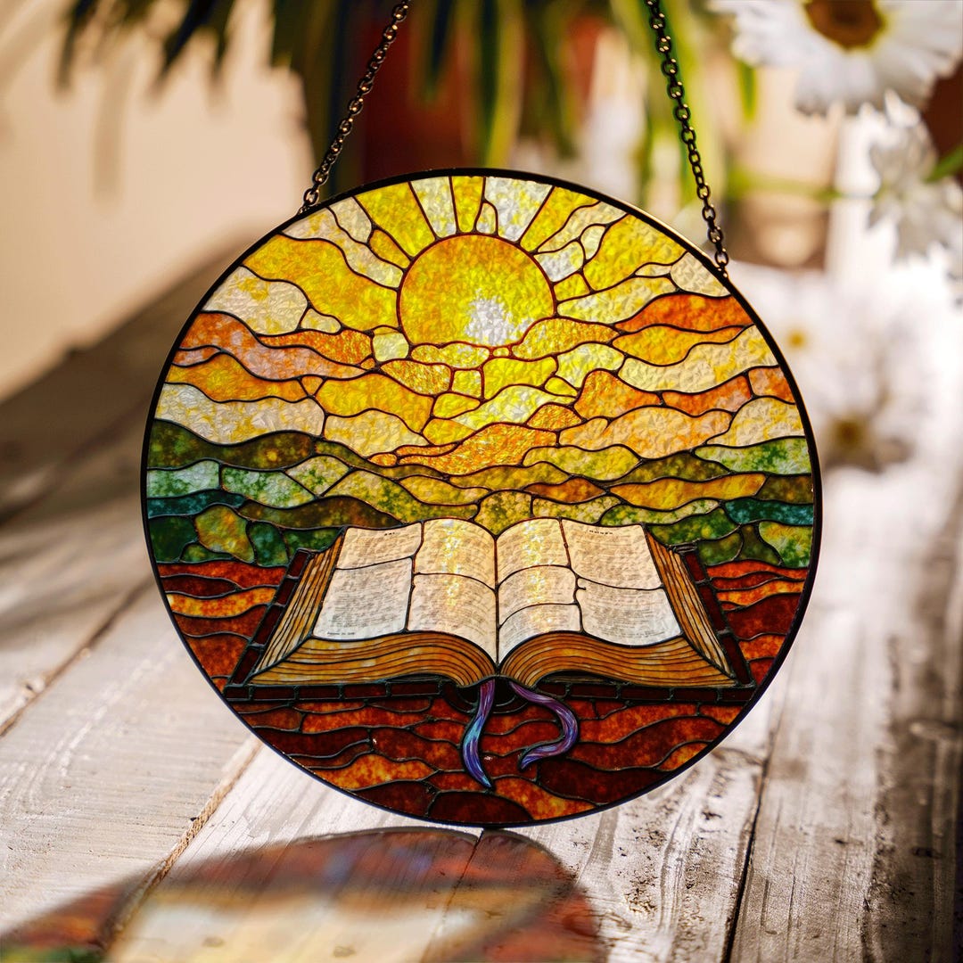 Glass Sun Scripture Stained Glass Sunrise Open Bible Suncatcher Christian Window Decor Gift ...