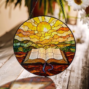 Stained glass sunrise open Bible suncatcher Christian window decor gift for Bible lovers