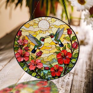 Hummingbirds And Hibiscus Stained Glass Suncatcher Window Hanging Gift For Mom Or Grandma