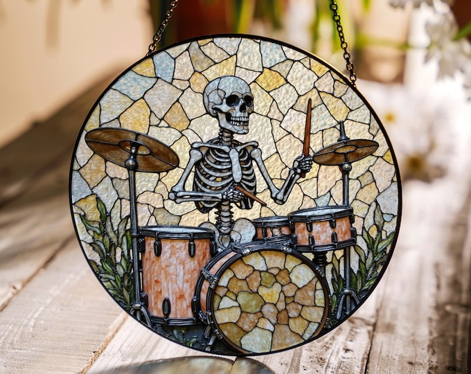 Skeleton drummer stained glass round suncatcher music art home decor gift for rock music lover