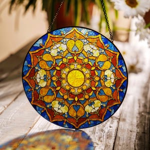 Vibrant Mandala Round Stained Glass Suncatcher – Geometric Sunlight Window Decor