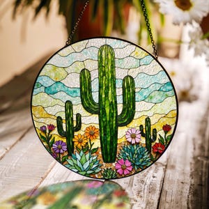 Suncatcher stained glass cactus desert blooms gift for mom Mothers Day gift