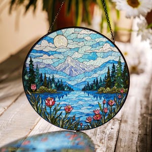mountain lake forest floral suncatcher stained glass window decor gift for outdoor lovers