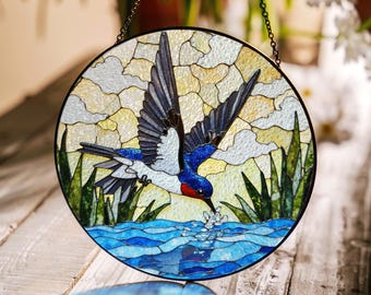 Swallow Skimming Water Stained Glass Suncatcher Window Hanging Gift for Bird Lover Mothers Day Decor