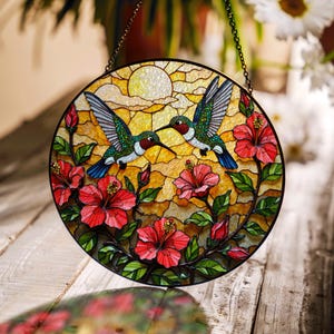 Hummingbirds and Hibiscus Round Stained Glass Suncatcher Window Decor Gift for Mom