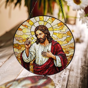 Sacred Heart Jesus Stained Glass Suncatcher Christian Window Decor Gift for Parents