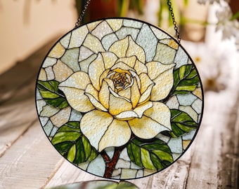 blooming white gardenia stained glass flower suncatcher window decor gift for mom or grandma