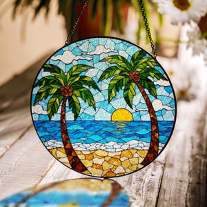 Tropical Beach Palm Tree Stained Glass Suncatcher Window Hanging Gift for Nature Lovers