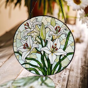 White Lily Bloom Stained Glass Suncatcher Elegant Floral Window Hanging Gift for Flower Lovers