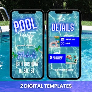 Convite para festa na piscina, convite editável para festa na piscina, convite de aniversário, convite de verão tropical, aniversário de adolescente, convite de aniversário de 16 anos