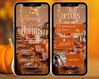 Flanell & Friends Einladung, Friendsgiving Abendessen animierte Einladung, Herbst Thanksgiving Party einladen