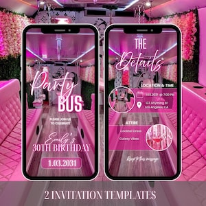 Party Bus invitation, pink animated party bus invitation, vip party bus birthday video invitation, birthday party celebration invite
