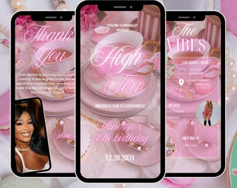 Pink classic tea party invitation, high tea birthday tea party invite, animated tea party invite, tea party invite