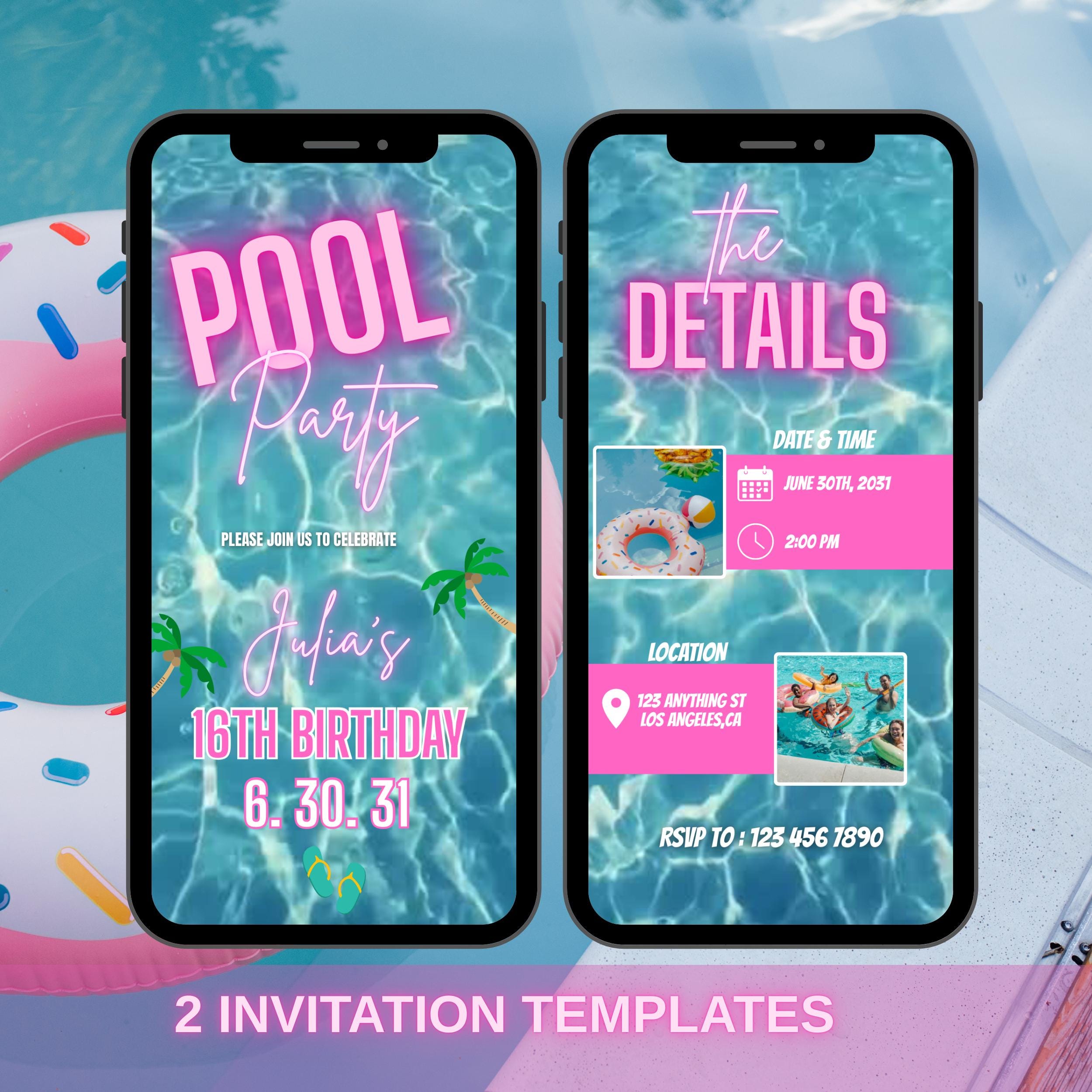 Pool Party Invitation, Editable pool party, digital party invitation, birthday invite, tropical summer invite, teen birthday, 16th birthday
