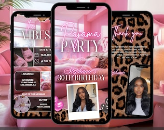 Leopard print pajama birthday party invitation, pink pajama party invite, cheetah print sleepover invite, animated slumber pj party invite