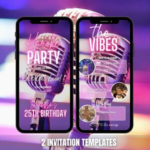 May include: Two phone screen mockups with a purple and pink gradient background. The left mockup features a microphone with the text "Karaoke Party" and "Let's Get Loud!" The right mockup features the text "The Vibes" with details for a party, including the date, time, location, and attire.