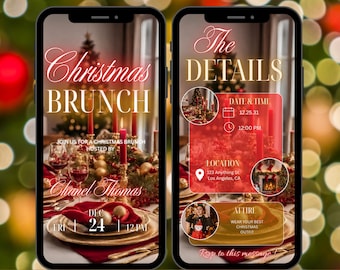 Peut inclure: Deux invitations numériques modifiables pour un brunch de Noël. Les invitations présentent un thème de couleurs rouge et or festif avec un sapin de Noël, des bougies et une table dressée. Le texte sur les invitations indique "Brunch de Noël" et "Les détails".