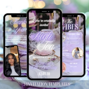 Purple classic tea party invitation, high tea birthday tea party invite, animated tea party invite, tea party invite
