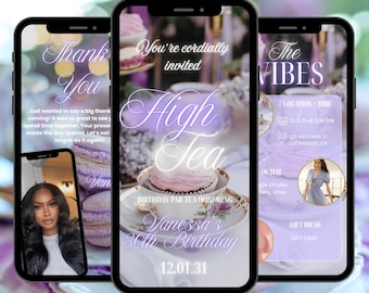 Lila klassische Teepartyeinladung, High Tea Geburtstags-Teeparty einladen, animierte Teeparty einladen, Teeparty einladen