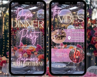 Uitnodiging discodiner, uitnodiging disco verjaardagsfeestje, geanimeerde video disco-uitnodiging, verjaardagsuitnodiging