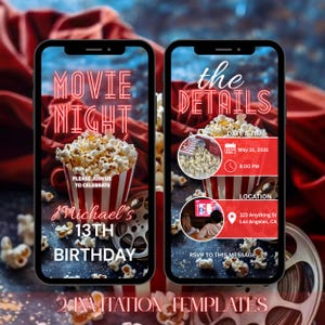 Movie birthday party invitation, digital animated movie theater invite, any age invitation, boys and girls invite, movie night invite,cinema