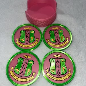 AKA Sorority Coaster Set: Alpha Kappa Alpha, 4 Coasters with Holder