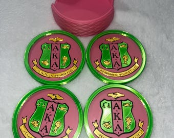 AKA Sorority Coaster Set: Alpha Kappa Alpha, 4 Coasters with Holder