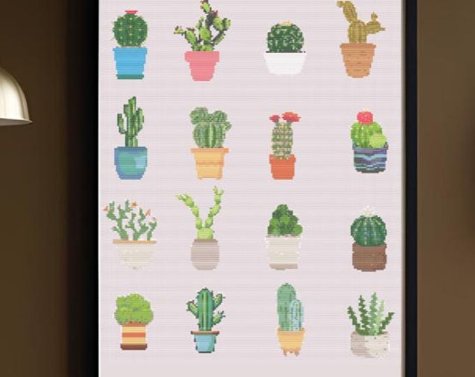 16 Beautiful Cacti in Colorful Pots Cross Stitch Pattern | Digital Download