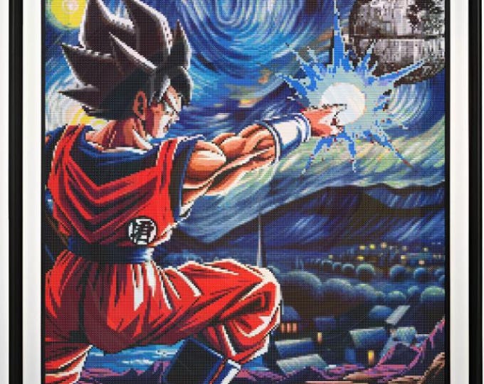 Goku versus Death Star on a Starry Starry Night - Cross Stitch Pattern | Starry Night Inspired Cosmic Showdown