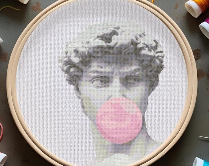 Michelangelo’s David Blowing Bubblegum Cross Stitch Pattern – PDF INSTANT DOWNLOAD
