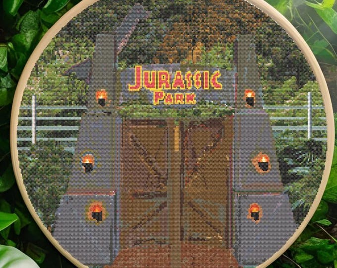 Jurassic-Inspired Cross Stitch Pattern – Welcome Gate & Brontosaurus | Digital Download