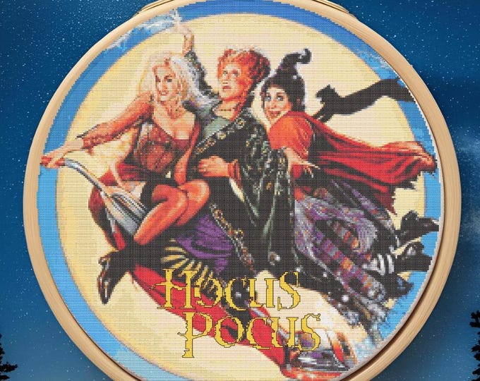 Hocus Pocus Cross Stitch Pattern | Winifred, Sarah & Mary Flying Across the Moon | Halloween PDF Pattern | DIGITAL DOWNLOAD