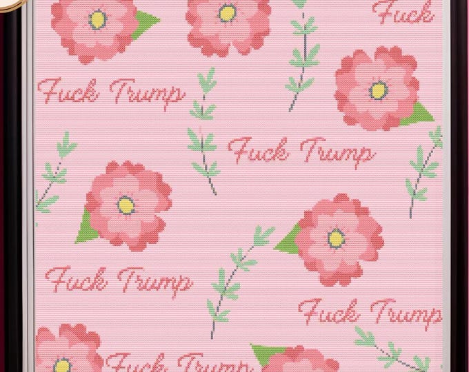 Cross Stitch Pattern – Subtle Floral Protest | Red Flowers & Greenery on Pink with Hidden Message PDF Instant Download